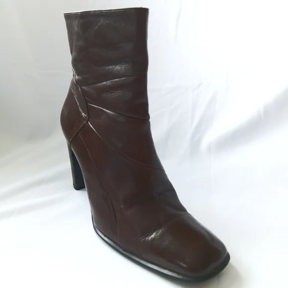 3.5" Heels Brown Real-Leather Ankle Zipper Boots - Picture 9 of 16